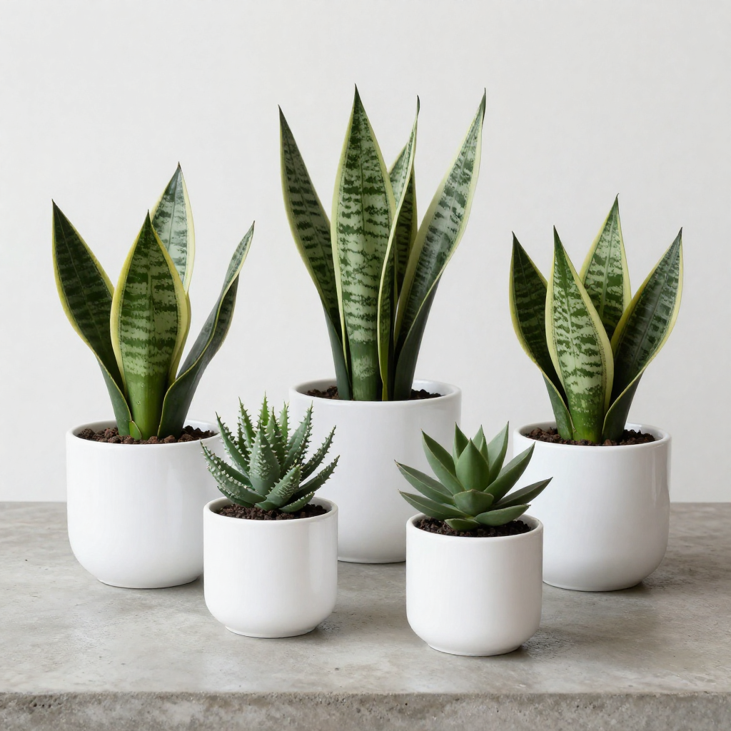 Various Sansevieria varieties in modern pots